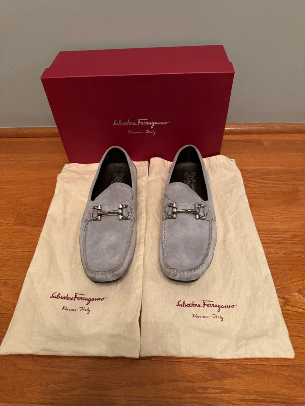 Salvatore Ferragamo Gray Suede Loafers Size 9
